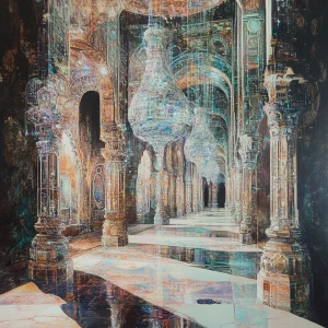 Amidst a crumbling digital wasteland, a grandiose holographic pa...