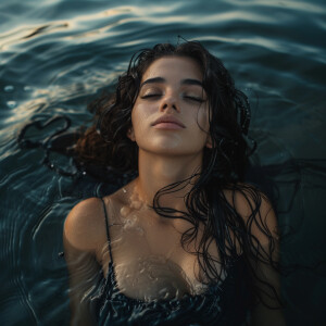 Capture the elegance of a fair-skinned woman with dark long wet...