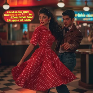 “A vibrant mid-century dance hall scene captured with a Canon EOS R5 and a 50mm f/1.2 lens. the image is focused on Dahlia Valentina fit tall supple well endowed tanned Italian American model (DahliaValentina_ai) stands in the center of a 1950s rockabilly dance, spinning in a bright red polka-dot dress with a fitted bodice and a flared skirt that lifts as she twirls. Her long wavy black hair is tied up with a matching headscarf, and she wears classic cat-eye eyeliner with a bold red lip. She dances with a charming partner dressed in a leather jacket and cuffed jeans, both caught mid-motion in a lively jitterbug step. The neon signs glow behind them, casting warm reflections on the checkered dance floor. The energy of the crowd, jukebox music, and the flickering of retro diner lights add to the nostalgic atmosphere. The composition follows dynamic angles, emphasizing movement and vintage allure.”