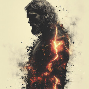 Cyberpunk Zeus. Powerful demeanor, lightning bolts all around. S...