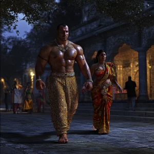 A muscular Gujarati man with glistening sweat on his body, accom...