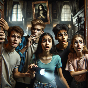 Four teenagers are in a dark scary mansion.