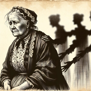 A sad old woman from the 1800s, she is wear the typical clothing...