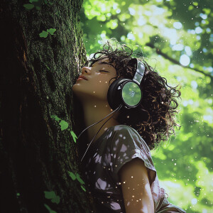 A young person with curly, messy hair is leaning against a large...