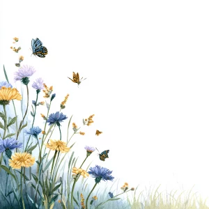 Wildflower field, butterflies flying, in vintage watercolor styl...