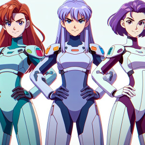 1990s anime screencap, 3 girls a plugsuit, standing with hands o...