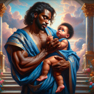 Classical oil painting style depicting an African-American Jesus...