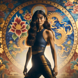 Athletic Thin skinny Attractive, Asian teenage girl, long brown hair and bangs, wearing tight skinny jeans and a halter top paint marks on her clothing, heroic pose Asian graffiti background, backside view