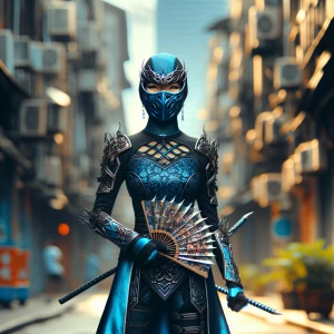 The image features a character dressed in a stylish, form-fittin...