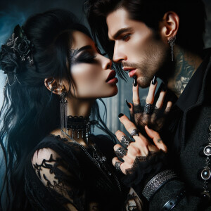 A beautiful goth woman lips kissing with a handsome goth man, embodying corrupting energies of each other, dark love