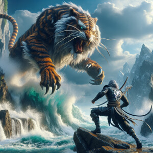 Create an 3d epic fantasy scene featuring a colossal mythical cr...