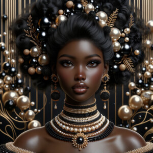 Imagine a digital portrait of a light skinned African-American Latino regal woman named KAREN Her attire and accessories are exclusively adorned with black and gold pearls. They grace her voluminous hair, styled in an elegant updo, where the black pearls form the roots and the gold pearls create the stunning curls. Her ears boast chandelier earrings, with black pearls clustered at the top, transitioning to gold pearls that dangle with delicate grace. Around her neck, a tiered necklace cascades with strands of alternating black and gold pearls, reflecting a sophisticated contrast.

Her shoulders are draped with a luxurious off-shoulder gown, the fabric's weave incorporating intricate patterns formed by black and gold pearls. The gown's texture has a subtle sheen, suggesting a high-quality material with a pearlescent finish. As a centerpiece, a grand brooch sits at her collar, with a large gold pearl surrounded by an elaborate design of smaller black pearls.

The background of the portrait features an abstract composition of floating pearls, swirling in a dance of shadows and light, emphasizing the color theme of black and gold. The name "KAREN" is discreetly integrated into the lower right corner of the artwork, blending seamlessly with the design, as if it were a signature part of the jewelry ensemble. The overall effect is one of timeless elegance, a blend of modern design and classic beauty, all tied together by the luxurious palette of black and gold.