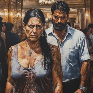 realism art.A sweaty beefy muscular son in law criminal walking...