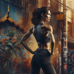 Athletic Thin skinny Attractive, Asian teenage girl, long brown hair and bangs, wearing tight skinny jeans and a halter top paint marks on her clothing, heroic pose Asian graffiti background, backside view