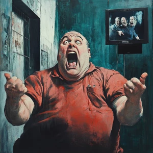 A portly prison warden with an expression of intense anger and g...