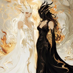 Graphic-style illustration of two stunning dragon women standing...
