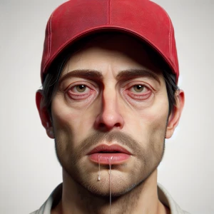 Generate a hyper-realistic portrait of a man waring a red baseba...