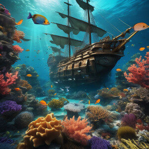 Underwater treasure around a sunken pirate ship