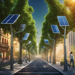 A tree-lined street with solar panels integrated into lamp posts.