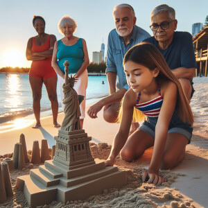 an american cute girl creating liberty tower using sand on a cle...