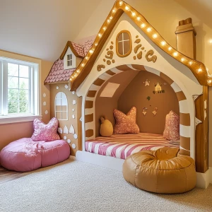 Create a gingerhouse themed play room, cute, warm, whimsical, ma...
