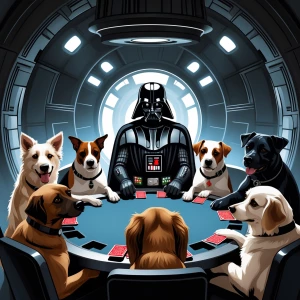Darth Vader playing poker with different breeds of dogs, each sh...