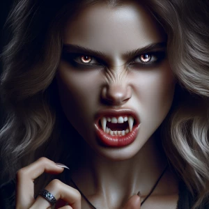 Generate a hyper-realistic portrait of a fierce young female vampire with glowing, intense eyes. She should be depicted in a snarl, showcasing prominent, razor-sharp fangs.