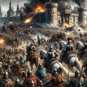 A large-scale battle scene with knights clashing in the foregrou...