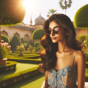 I want a lady image in a garden wearing sunglasses under the sun