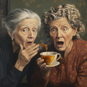 Generate an image of two women in their fifties sharing a secret...