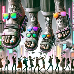 A surreal scene of giant human feet walking through a neon-lit c...