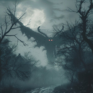 Amidst a foggy, moonlit forest, Mothman stands ominously on a de...