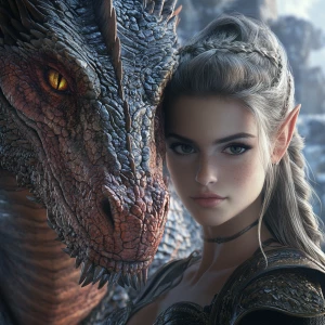 dragon beside maiden, both facing toward the viewer,fantasy sett...