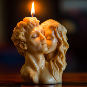 there is a candle that is shaped like a head of a man and a woma...