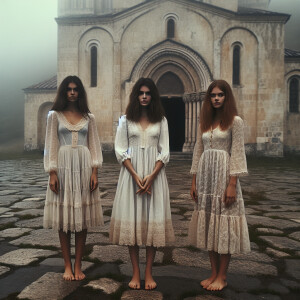 Create a color film photograph from 1962 of three beautiful 19-y...