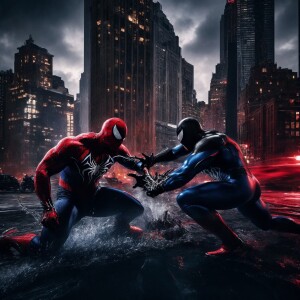 Create an image depicting a dynamic battle scene between Venom,...