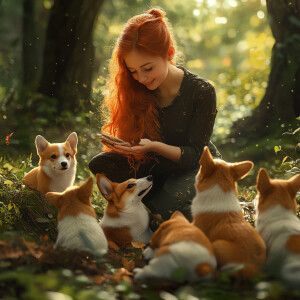 Create a realistic 4d image of a dark redhead playing with a gro...