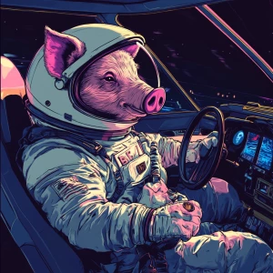 Cute cartoon pig in vintage white spacesuit and NASA style helme...