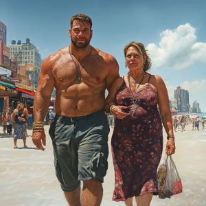 Photorealism,a muscular sweaty beefy man walking with his 53 yea...