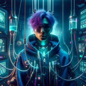 a neon-lit cyberpunk medical bay, focusing on a non-binary indiv...
