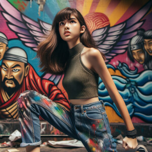 teenage girl, long brown hair and bangs, wearing tight skinny jeans and a halter top paint marks on her clothing, heroic pose Asian graffiti background, nearing on one knee