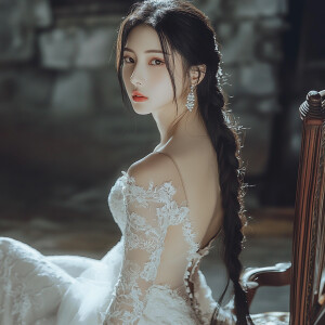 (Fit) (tall) (wedding dress, thigh split) (long black hair in br...