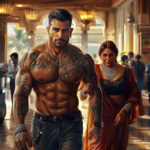 Create an image in a realistic art style depicting a muscular, t...