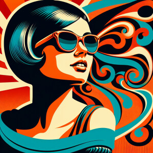 A retro 1972 illustration of an American woman with sunglasses a...