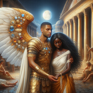 Create an oil painting image featuring a male angel and a grievi...