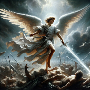 Нарисуй ангела который участвует в войне и разрезает зло своим б...