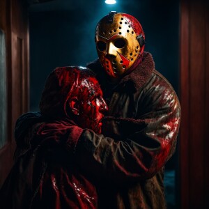 Jason Voorhees holds  the decapitated head of Freddy Kruger, blo...