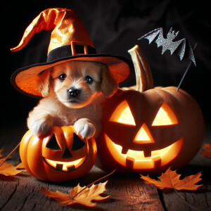 Halloween themed orange pumpkin with an cute puppy sitting next...
