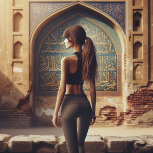 Athletic Thin skinny Attractive, Asian teenage girl, long brown hair and bangs, wearing tight skinny jeans and a halter top paint marks on her clothing, heroic pose Asian graffiti background, backside view