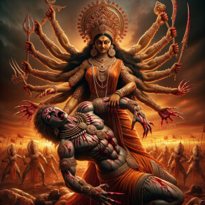 Portrait of angry and gorgeous goddess durga slaying mahishasur by carrying him like a baby and stabbing him with her red long nails.  Goddess Durga should have eight arms. she should wear Gold jewelry all over the body. Mahishasur should have wounds all over his body. mahishasur should be smaller in size compared to Goddess durga. Background is an intense battlefield. reddish hue everywhere and sunset in the background.  Epic scene. 4k, HDR. Photography